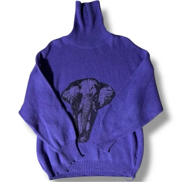 BF Purple Graphic Elephant Wool Long Sleeve Cozy Vintage Turtleneck Sweater - Picture 7 of 16